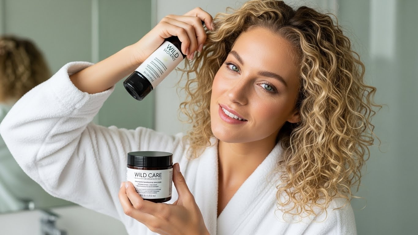 Just Wild Care bukle belirginleştirici krem ve şekillendirici serum kullanan, hacimli ve sağlıklı sarı buklelere sahip model; evde profesyonel kıvırcık saç bakım rutini.