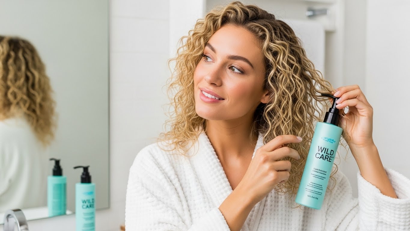 Just Wild Care turkuaz seri bukle belirginleştirici sprey kullanan, hacimli ve parlak sarı buklelere sahip model; kıvırcık saçlar için kolay şekillendirme ve durulanmayan bakım.