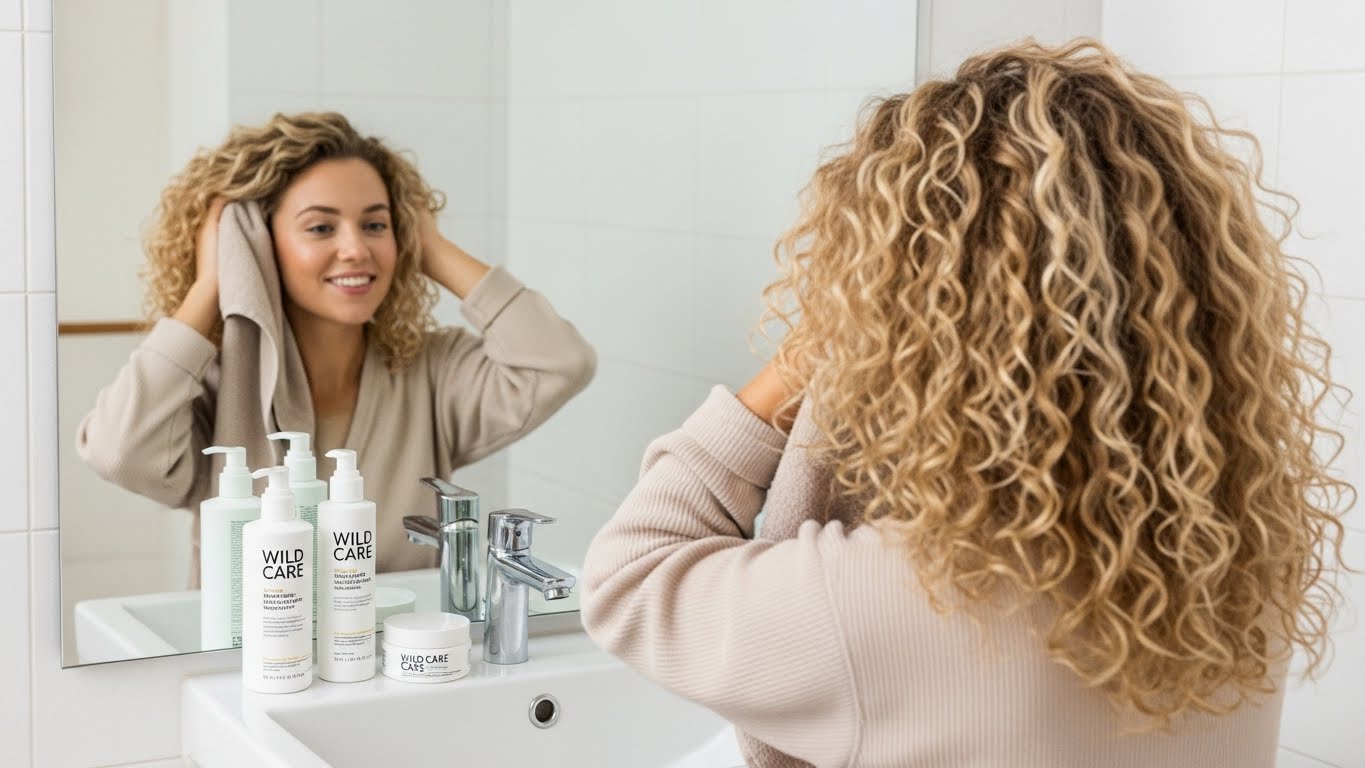 Just Wild Care bukle belirginleştirici şampuan ve nemlendirici saç kremi ürünleri eşliğinde, banyo sonrası saçlarını havluyla nazikçe kurulayan hacimli sarı bukleli modelin ayna yansıması.